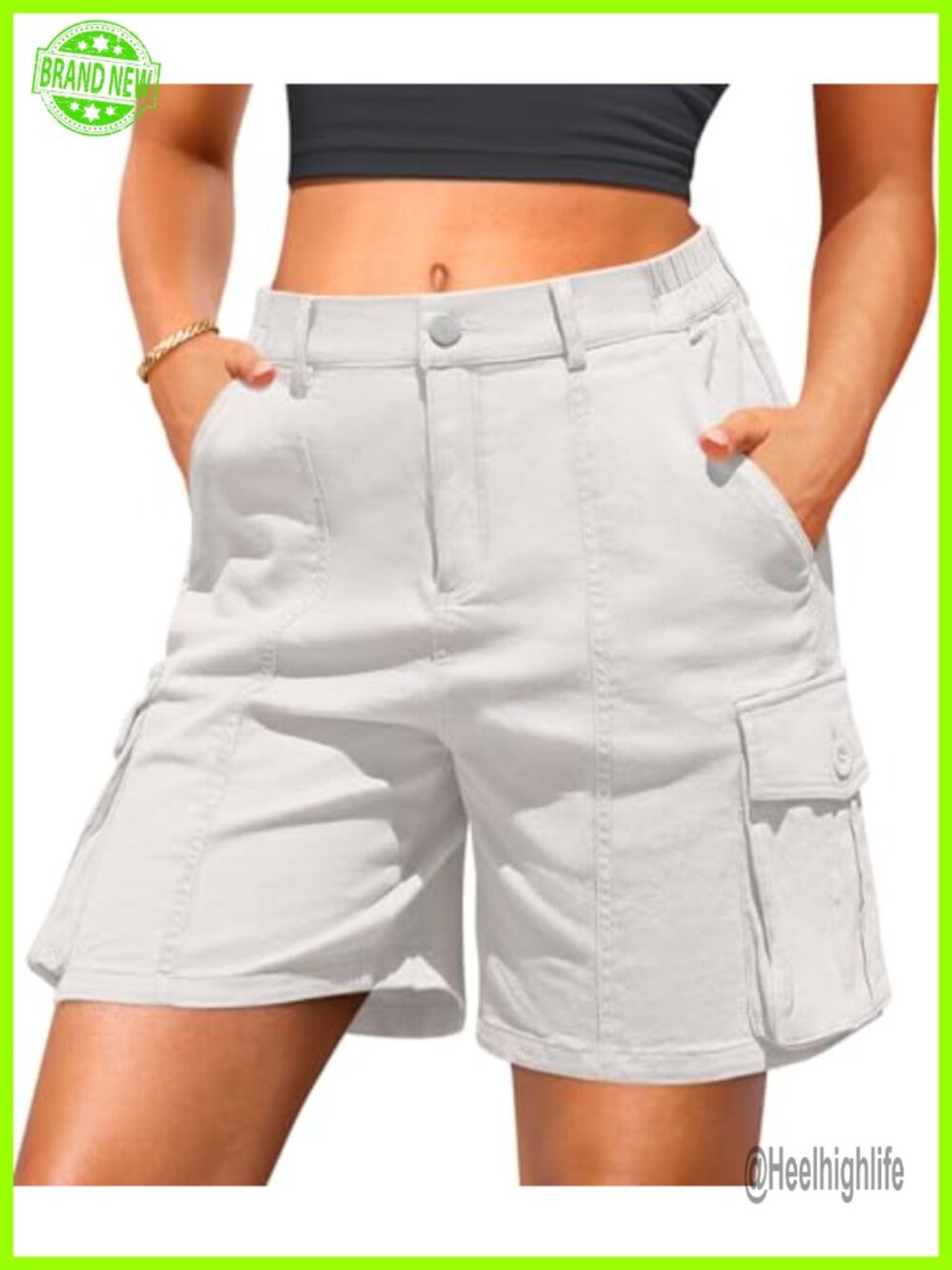 Cargo Shorts Women Bermuda Knee Length Hiking Shorts Pockets Elastic Waist